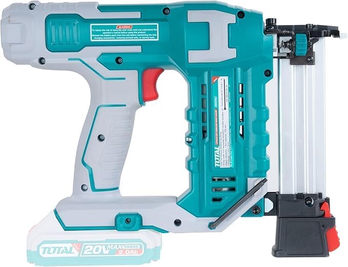 Side view of the TOTAL TCSTLI3808 Cordless Concrete Nailer with warning labels visible.