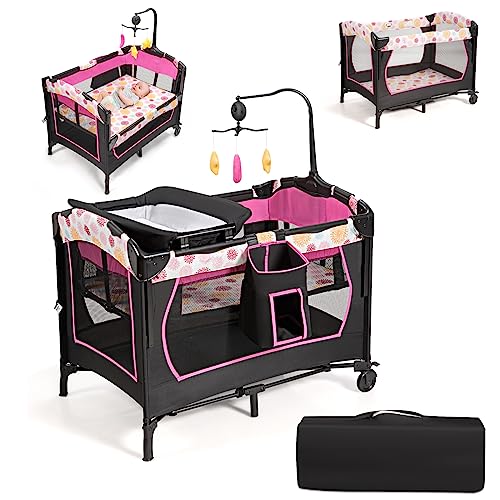 COSTWAY 4 en 1 Lit Parapluie Bébé avec Matelas, Berceau Bébé Evolutif en Oxford avec Table à...