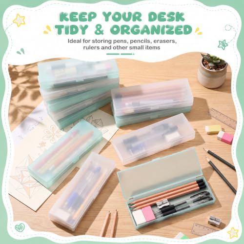 Image of Fainne 24 Plastic Pencil Case Bulk Hard Pencil Boxes with Snap Lid Crayon Maker Pen Organizer Stackable Craft Storage Boxes for School Supplies(Single Layer,White, Green,7.09 x 2.36 x 0.98 Inch)
