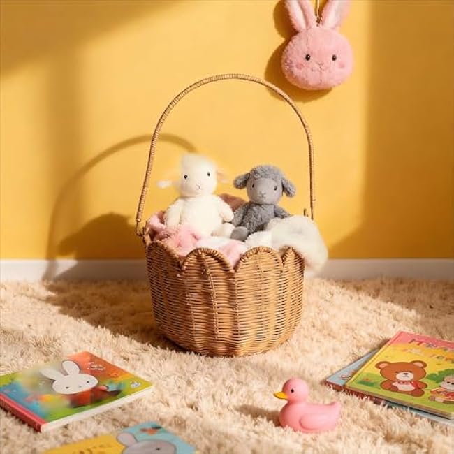 Scalloped Edge Round Basket with Handle, Super Sturdy Wicker Storage Baskets, Hand Woven Basket for Shelves,Natural Baskets for Organizing (Brown Rattan, 10.2*10.2*7.3)