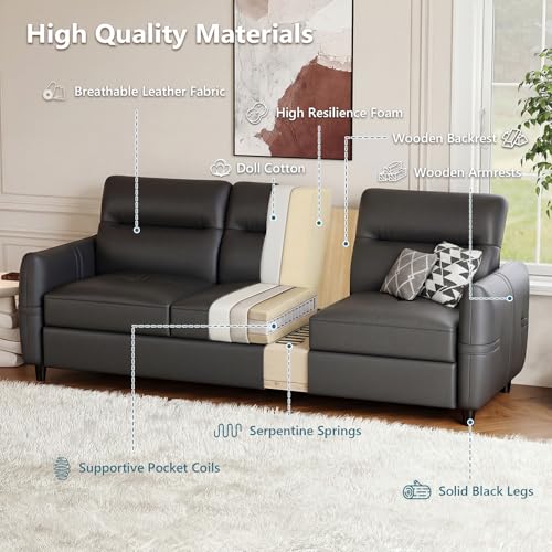 Image of STHOUYN 85 inch Black Faux Leather Couch with USB, 3 Seater Sofa Couches for Living Room, Large Mid Century Modern Office Apartment Couch (Black)