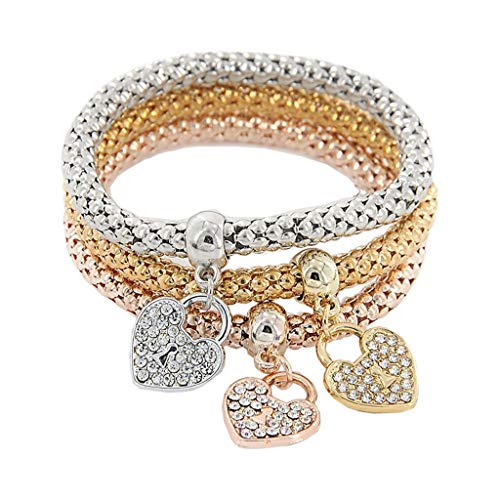 UYTGB 3PCS Gold/Silver/Rose Gold Corn Chain Bracelet Crystal Multilayer Charms Stretch Bracelet for Women Girls