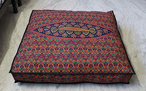 Indian Craft Castle New Blue Ombre 24" Mandala Barmeri Large Floor Pillow Cover Cushion Meditation Seating Ottoman Throw Cover Hippie Decorative Zipped Bohemian Pouf Ottoman Pom Pom Cases 24" Square #TOP3
