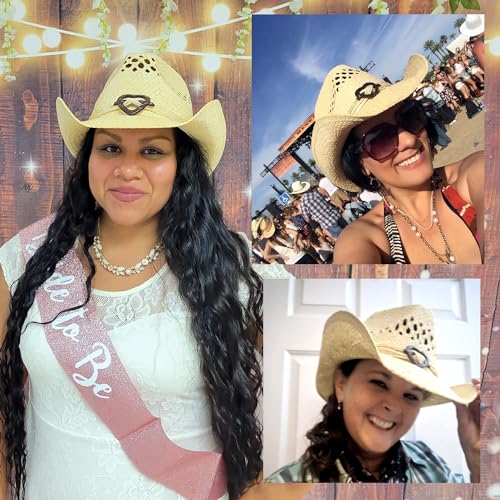 Image of TOVOSO Straw Cowboy Hat for Women with Beaded Trim and Shapeable Brim