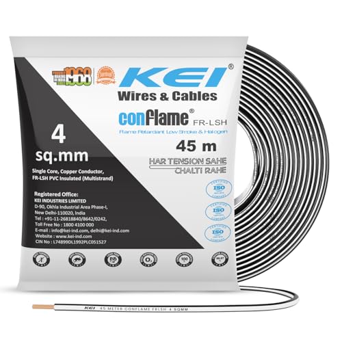 Image of KEI CONFLAME FRLSH 4 sqmm 1 Core Copper Heat Resistant Flame Retardant Low Smoke & Halogen - Lead Free House Wire for Domestic & Industrial Electrical Wiring (Black, 45 Meters)
