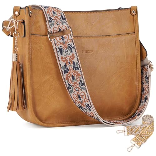 Image of HKCLUF Vegan Leather Crossbody Bags Purse for Women Trendy Tassel Hobo Handbag Women With 2PCS Adjustable Guitar Strap | Vegan Leather