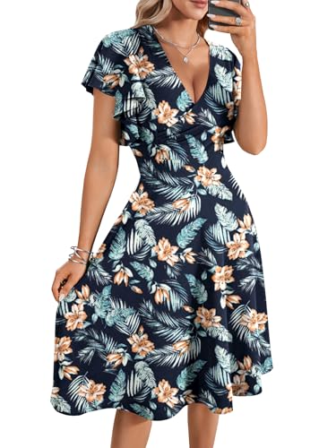 Image of LYANER Women's Warp V Neck Ruffle Short Sleeve A Line Swing Flared Cocktail Party Midi Dress