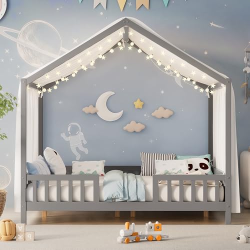 Image of Full Size Wood House-Shape Platform Bed with Roof Frame and Canopy, Montessori Floor Bed with High Railings and Slat Support for Kids Girls Boys, No Box Spring Needed (Grey-05, Full)