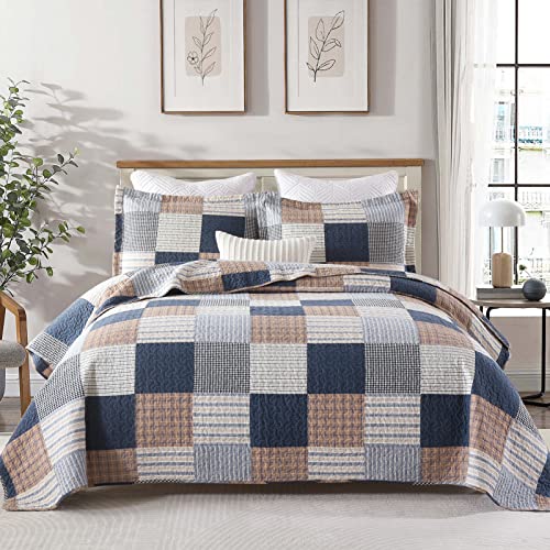 Y-PLWOMEN Quilt Set Queen Size, 100% Cotton Queen Quilt, Navy Brown White Patchwork Plaid Queen Quilt Set, Lightweight Reversible Soft Bedspread Queen Size for All Season, 3-Pieces