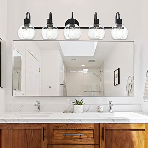 Image of 5-Lights Black Bathroom Vanity Light Fixtures Over Mirror, Modern Vanity Wall Sconce Lighting with Globe Seeded Glass Lampshades for Bedroom Kitchen Hallway