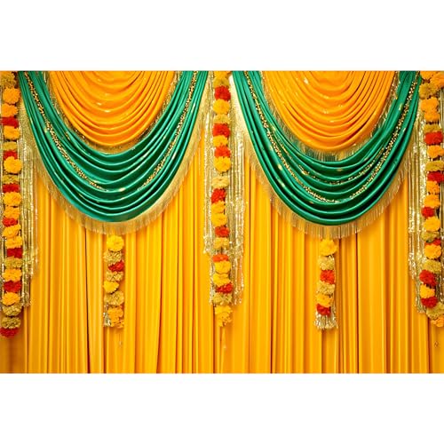 Image of 10x6.5ft Indian Traditional Backdrop Photography Yellow Green Curtain Wreath Photography Background Indian Festival Decors Wedding Banner Bridal Shower Decors for Couple Bride Studio Props