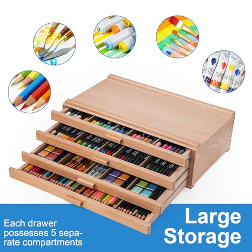 Image of Falling in Art 4 Drawer Artist Supply Storage Box, Wooden Pastel Storage Box, Portable Organizer Box for Pastels, Pencils, Markers, Brushes and Art Supplies