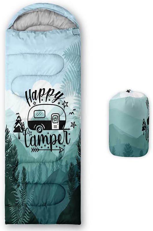 Vista 11 de Saco de dormir para adultos y niños, furgoneta de campamento de montaña verde, ligero, cálido, portátil, para interiores y exteriores, impermeable