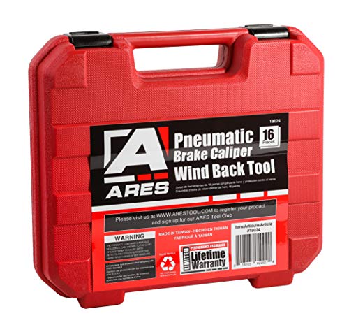 Ares 18024-16-Piece Brake Caliper Wind Back Tool Set - Pneumatic Design For Easy One-Person Use - Includes Compressor Tool, 15 Drive Key Disc Adapters - Storage Case Included #TOP6