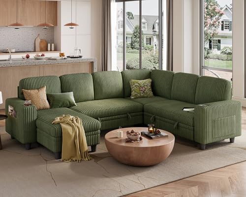 Image of LINSY HOME Sectional Sleeper Sofa Pull Out Couches for Living Room (Green, Sleeper Sofa 4) | Pull Out Sofa Bed, Storage, USB Charging, Cup Holders, Plush Corduroy | Pull Out Sofa Bed