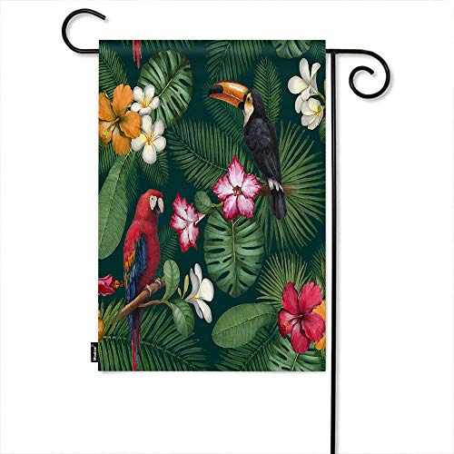 Moslion Toucan and Parrot Garden Flag 12x18 Inch Tropical Birds Exotic Flowers Botanical Plants Green Leaves Summer Seasonal Garden Flag Outdoor Decorative Double-Sided Cotton Linen