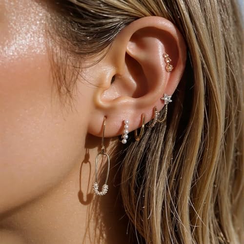 5 Pairs Pearl Earrings for Women Stackable Gold Hoop Earring Set with Multiple Piercing Stack Set Jewelry Gold-Tone Dainty Earring Stacks for Everyday3