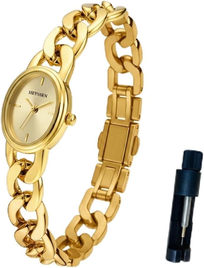 Small Gold Watches for Women Western Jewelry Chain Bracelet Trendy–Elegant Oval Dial Easy Read Quartz Movement Stainless Steel Link Band Womens Watches, Waterproof with Tools