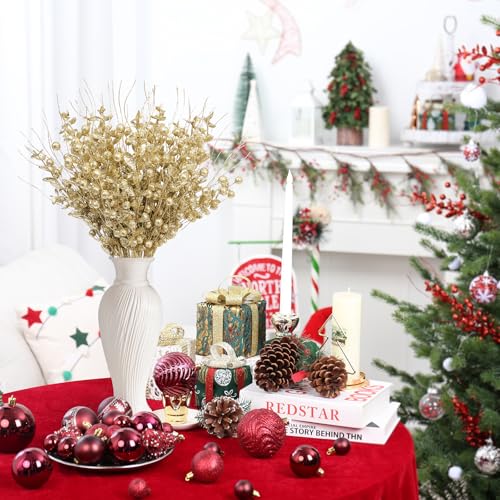 24 Pack Christmas Tree Decorations Picks and Sprays, Christmas Ornaments Artificial Glitter Berry Stems Branches Picks Twigs for Xmas Tree Vase Filler Home Holiday Decor (Gold-A) by SY Super Bang - Image 6