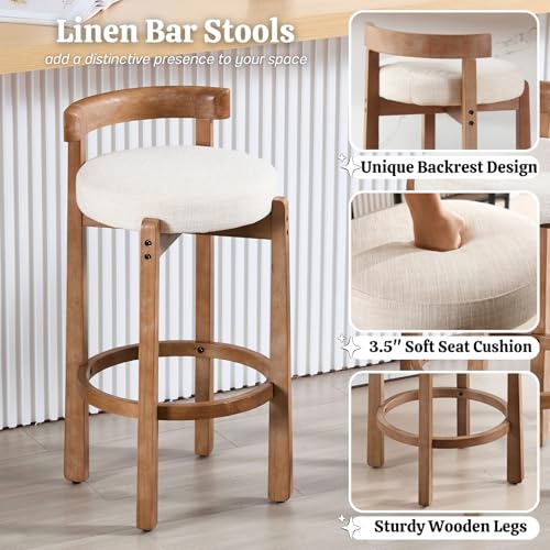 Image of CIMOTA 30 inch Bar Height Stools Set of 4 | Mid Century Modern Low Back Bar Chairs with Solid Wood Legs & Linen Upholstered Seat, High Bar Stools for Kitchen & Pub, Beige