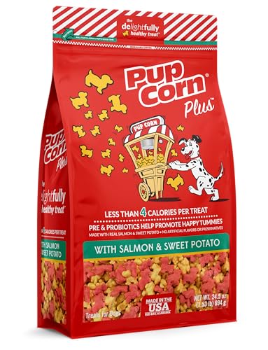 Pup Corn Plus - Puffed Dog Treats with Prebiotics and Probiotics - Salmon & Sweet Potato (24oz) - Made in USA
