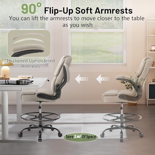 Image of 500LBS Drafting Chair, High Back Safer Standing Desk Chair, Executive Tall Office Chair with Flip-up Armrests, Upholstered PU Leather Task Chair, Ergonomic Seat with Adjustable Height&Foot Ring,Beige