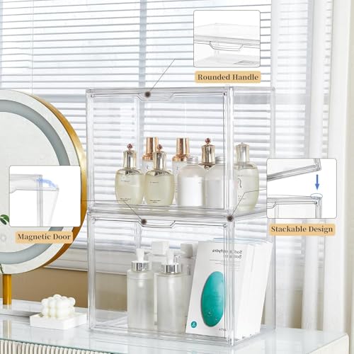 Image of ZLLZUU Acrylic Display Case Large Clear Boxes 3 Pack Stackable Storage Bins | Stackable, Easy to Assemble, for Makeup Collections Large Action Figures, Dustproof, Easy Clean, Clear Acrylic, Magnetic Door