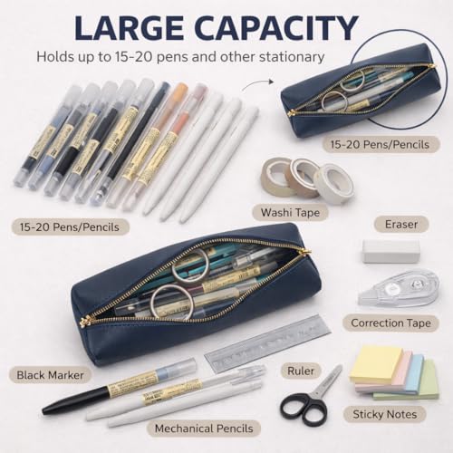 Image of Pencil Case Small Zipper Pen Pouch for School Office Art Supplies Stationery Organizer Bag for Pens Markers(Navy Blue /Faux Leather)
