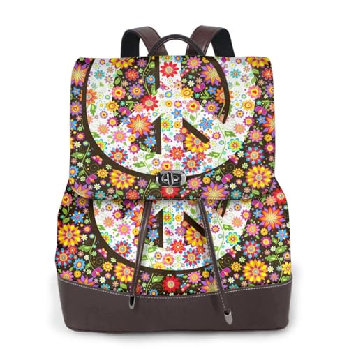 60s 70s Hippie Flowers Peace Love Microfiber PU Leather Backpack Lightweight Daypack Bag for Travel Business Commute Gym