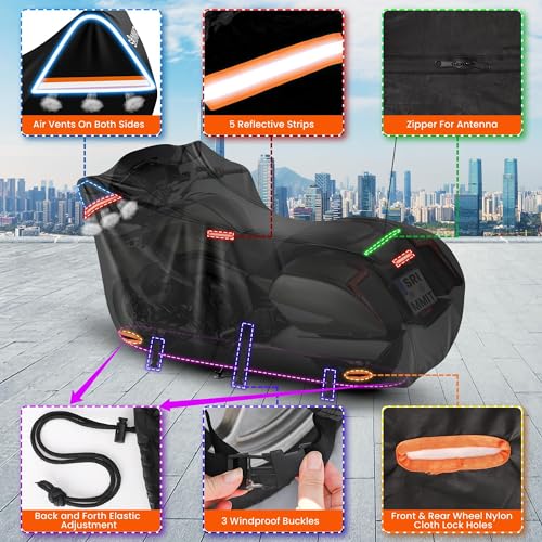 Image of Touring Motorcycle Cover with Side+Top Box,420D Waterproof Motorbike Cover, 5 Reflective Strips,Air Vents,3 Windproof Buckles,Antenna Zipper, Outdoor Protection(118 inch x 44 inch x 56 inch Black & Orange)