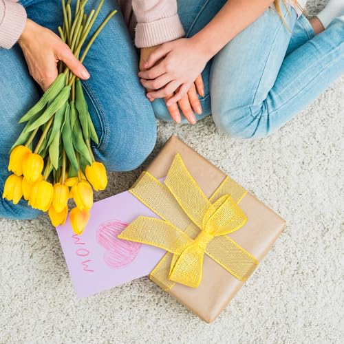 Burlap Wired Ribbon 1-1/2 Inch x 10 Yards Solid Wired Edge Ribbon for Big Bows, Wreaths, Outdoor Decoration, Gift Wrapping, Fall Crafts, Flower Bouquets, Garland (Yellow)