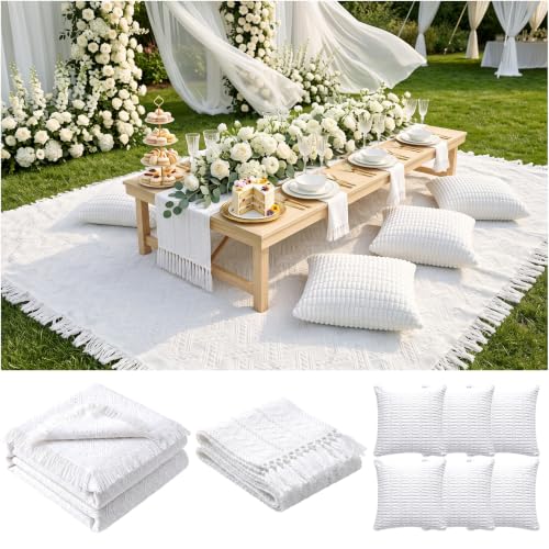 RYCHIC Extra Large Outdoor Rug Boho Picnic Blanket with Low Table Runner and 6 Throw Pillows Covers Set Wedding Party Decoration Photoshoot Home Garden Party Decor Patio Lawn Mat Beach Party Supplies