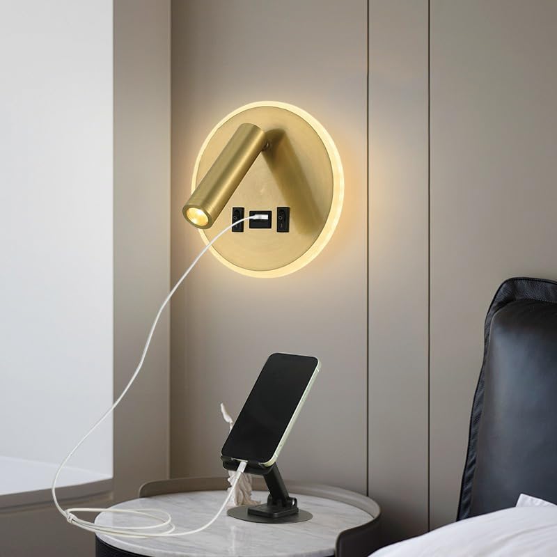 Image of Smartway Rotatable USB Gold 8W Bedside Wall Lamp | Modern LED Wall Light with 3 Color Modes | Adjustable Reading Light for Bedroom, Living Room & Home Decor | 1 Year Warranty