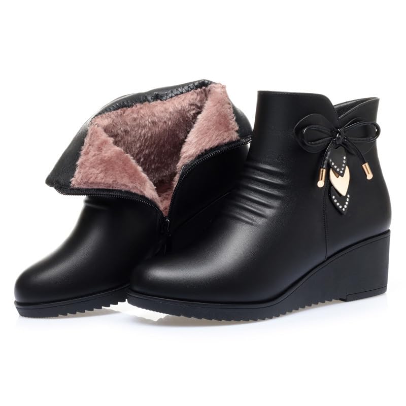 Womens Wedge Ankle Boots Winter Warm Low Fur Lined Heel Short Booties Elegant Bow Side Zipper Dress Shoes