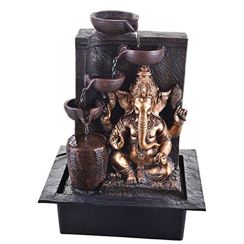 Image of Ganesha Polystone 5-Steps Indoor Table Top Fountain with LED Lights and Water Pump (Brown, Golden, 40 X 31 X 23 cm)