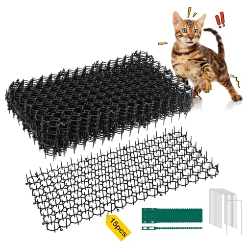 WuGU Pinchos Anti Gatos, 15 Piezas Alfombrilla Anti Gatos(20 x 40cm)+15 Clavos en Forma de U+20 Bridas, Mallas Antigatos Jardin, Rejilla Ahuyentador de Gatos para Interior y Exterior