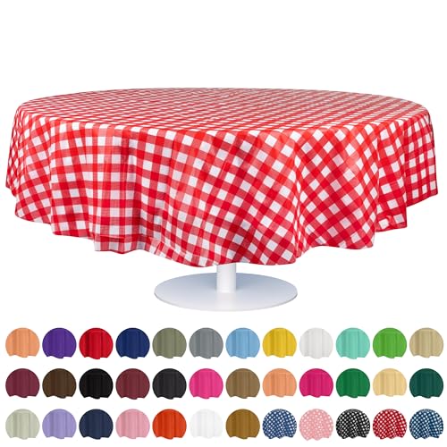 Grandipity Red Gingham Checkered Plastic Table Cloth Disposable (6 Pk) 84in Round Tablecloth Premium Party Table Cloths Disposable - Perfect Table Cloth Round Cover for Any Table Up to 6 Feet