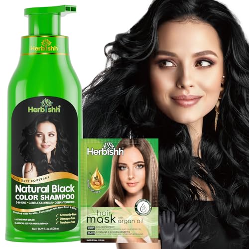 Herbishh Haarfärbeshampoo Schwarz 500 ml 3 in 1 Haarfarbe Shampoo Black Hair Dye Shampoo Color Shampoo Schwarz Grauabdeckung Ammoniakfrei Für Schwarze Haare Damen & Herren
