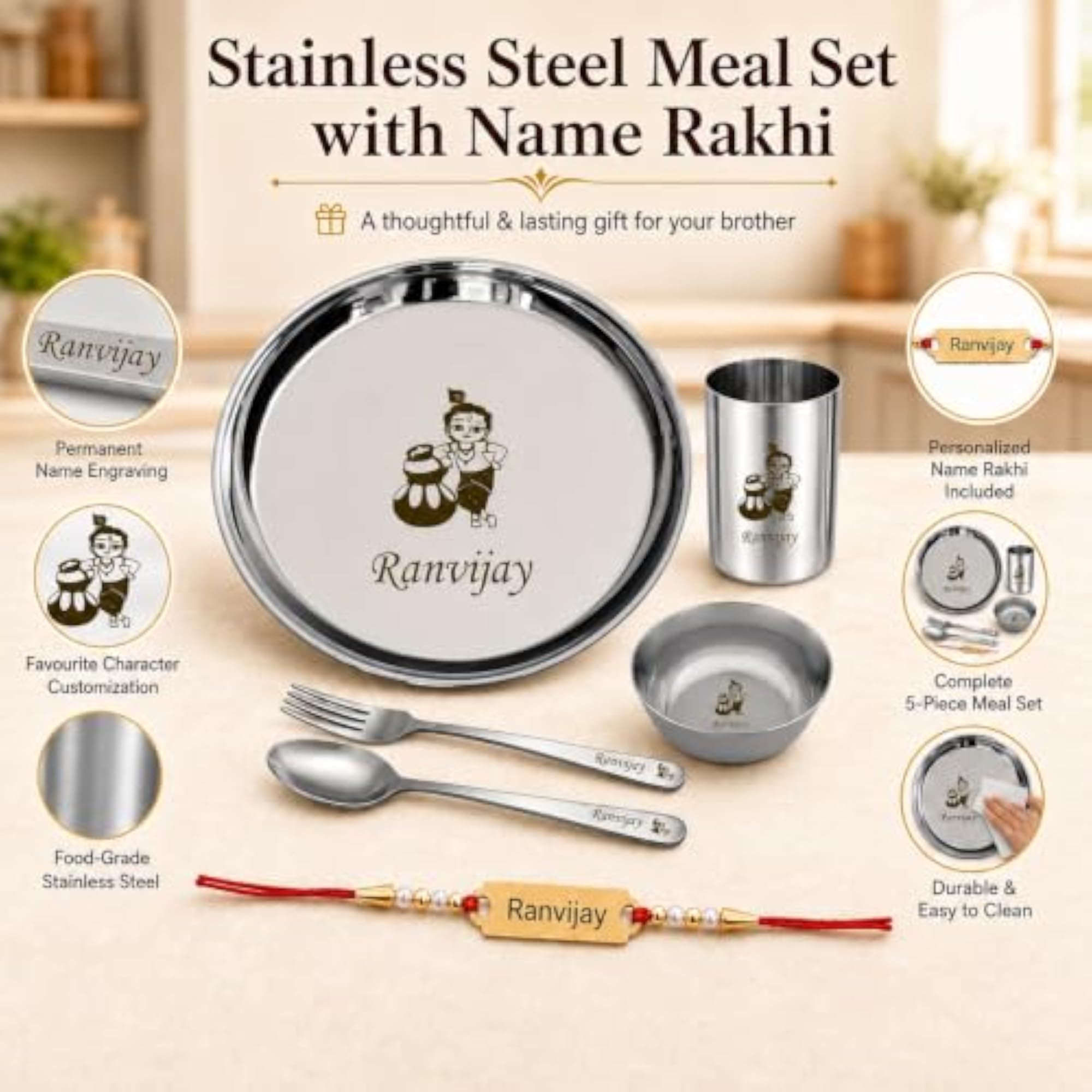 Personalized Stainless Steel Kids Meal Set with Name Engraved Rakhi