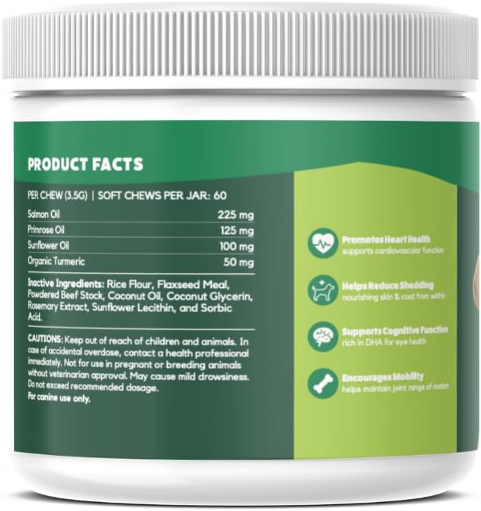Omega 3 Skin and Coat Chews for Dogs, Dog Salmon Oil Supplement for Joint Pain Relief, Immune Support, Skin and Coat Supplements for Dogs, Chewable Dog Treats for Itchy Skin Relief, 55 Chews, 8 Oz