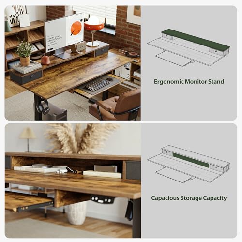 Agilestic Electric Standing Desk with 2 Drawers and Keyboard Tray, 63 x 24 Inches Ergonomic Adjustable Height Desk with Storage, Sit Stand up Desk Computer Workstation, Rustic Brown