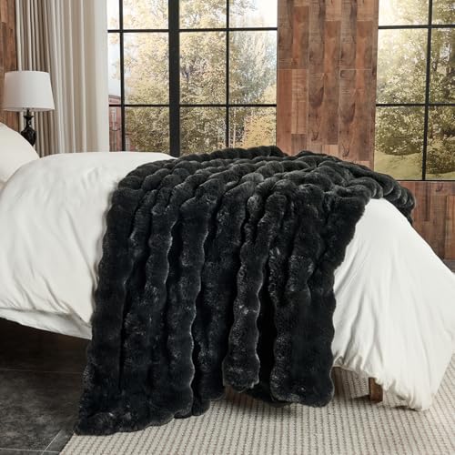 Lotus Karen Faux Fur Throw Blanket Black - Big Bubble Rabbit Fluff Blanket for Couch, Small Fluffy Fuzzy Cozy Blanket, Thick Furry Plush Shaggy Blankets, 50x60 Inches