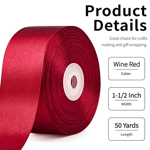 Image of Mauproy 1-1 /2 Inch Wide Wine Red Satin Ribbon, 50 Yards Solid Polyester Fabric Ribbon for Roses Making, Gift Wrapping, Flower Bouquets, Wedding Decorations, Handmade Crafts