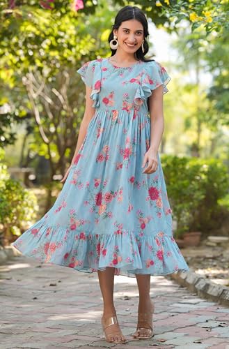 Image of Janasya Women's Georgette Floral Printed Tiered Dress