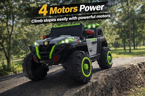 Image of Wishmaster 4x4 Big Size Driving EV Cars for 1, 2, 3, 4, 5, 6 Years | Remote + Steering + Mobile App Control | Kids Jeeps (Jumbo Size KAB2188 [1-8 Year Kids], Silver /Green)