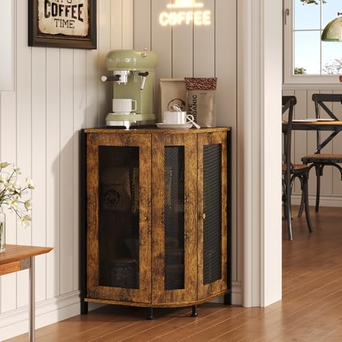 keomaisyto Coffee Bar Cabinet, 3-Tier Corner Coffee Cabinet with Storage Shelf & 18.7' Countertop, Rustic Wood Corner Bar Station with Magnetic Door for Kitchen/Entrance/Living Room/Dining Room