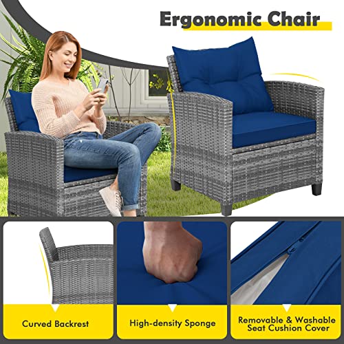 Image of Tangkula 3 Pieces Patio Furniture Set, Outdoor PE Rattan Conversation Chair Set with Tempered Glass Side Table and Removable Cushions, PE Wicker Chairs and Table Set for Porch, Balcony and Garden