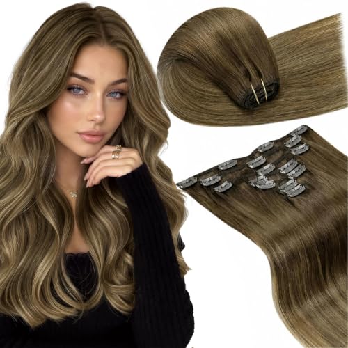 Image of LaaVoo Clip In Hair Extensions, For Wedding, 14 Inch | Medium Brown Blended Light Brown Blonde Balayage, 120g 7pcs, Hair Extensions Clip Ins, Soft, Thick Full