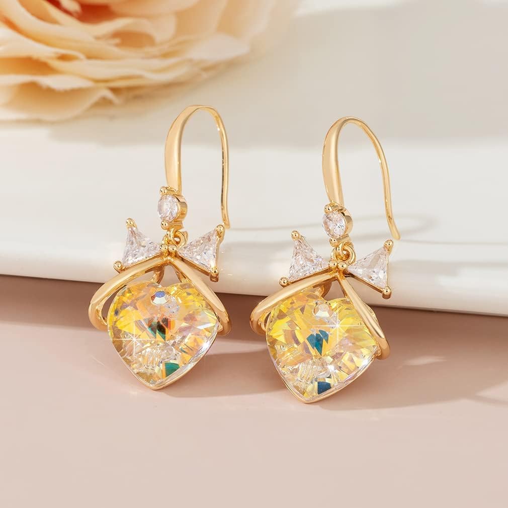 Austrian Crystal Bowknot Heart Drop Dangle Earrings for Women Fashion 14K Gold Plated Hypoallergenic Jewelry - Image 3
