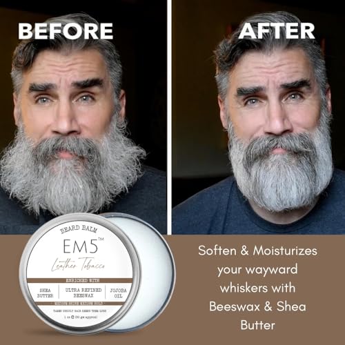 Image of EM5's Organic Leather Tobacco Beard Balm | Shape Style and Tame | Medium Hold and Shine | Long Lasting Fragrance | Mustache and Beards Wax | Gift for Him /Men